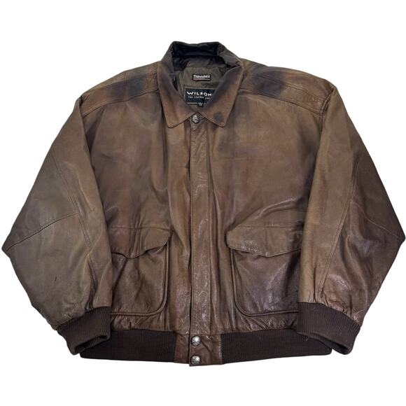 VTG 90s Wilson Adventure Bound Flight Aviator Brown Leather Jacket XXL Insulated - Picture 1 of 12